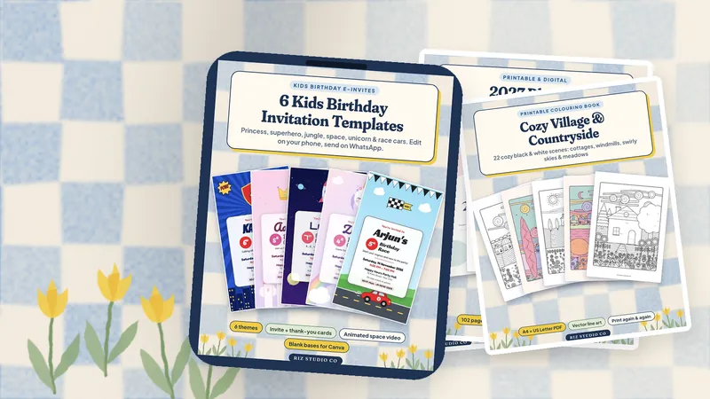 Riz Studio Co digital templates: e-invites, resume templates, 2027 planner and colouring books