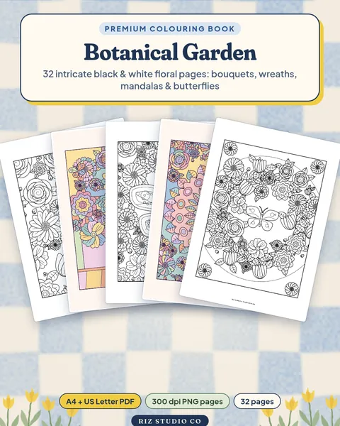 Botanical Garden Colouring Book: 32 Intricate Floral Pages floral colouring page cover