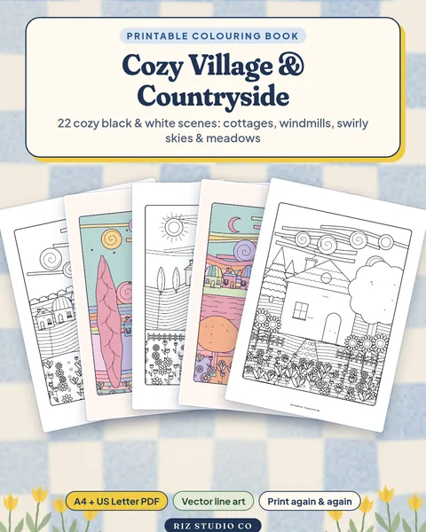 Cozy Village & Countryside Colouring Book village colouring page cover